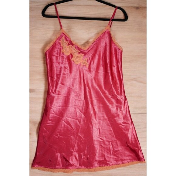 Valerie Stevens Satin Slip Dress Size M Red Lace Trim Vintage Y2K Lingerie - Picture 1 of 16